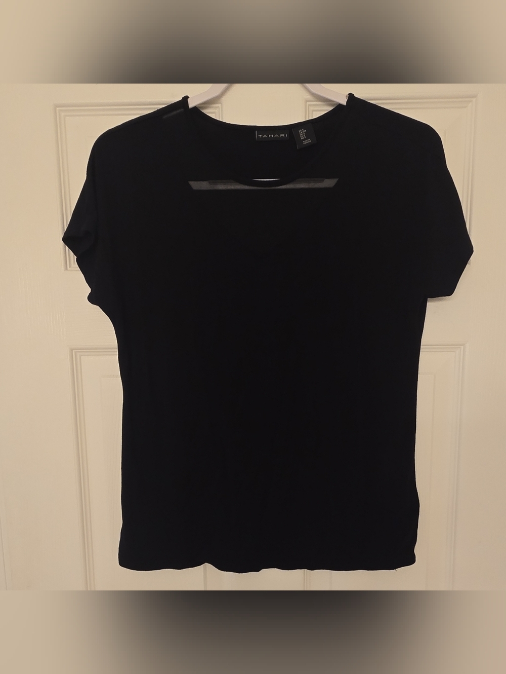 Tahari Mesh Accent V-Neck Short Sleeve Top Black Women's S